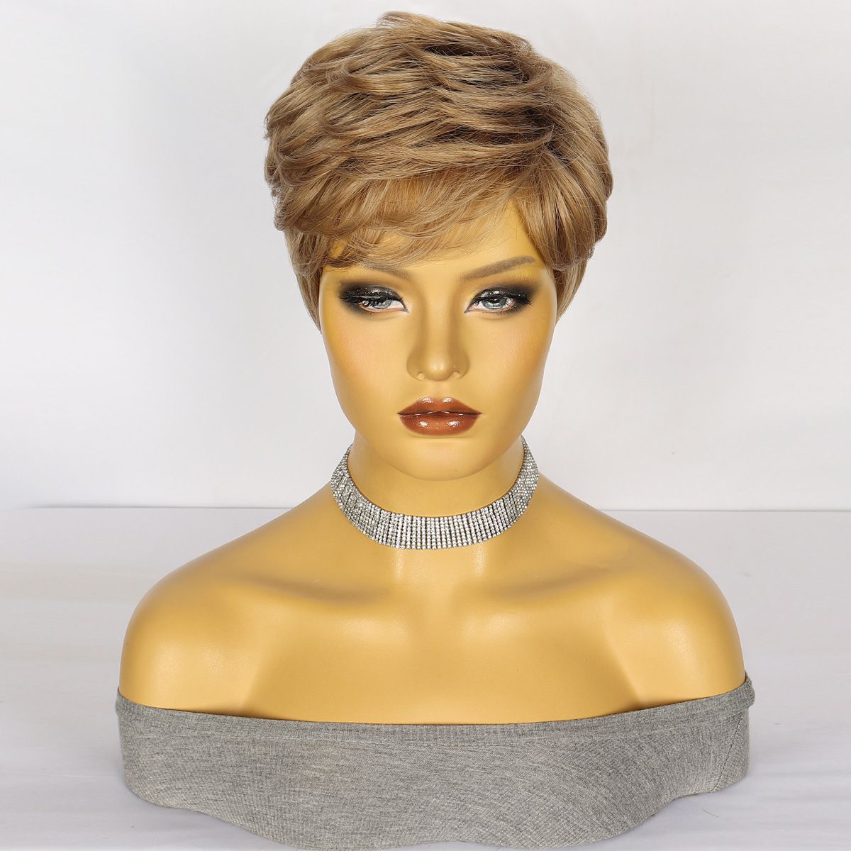 Parrucche sintetiche con clip, parrucche corte alla moda da donna, capelli corti ricci castani e dorati, parrucche sintetiche in seta ad alta temperatura, nuovi prodotti_voghion.com