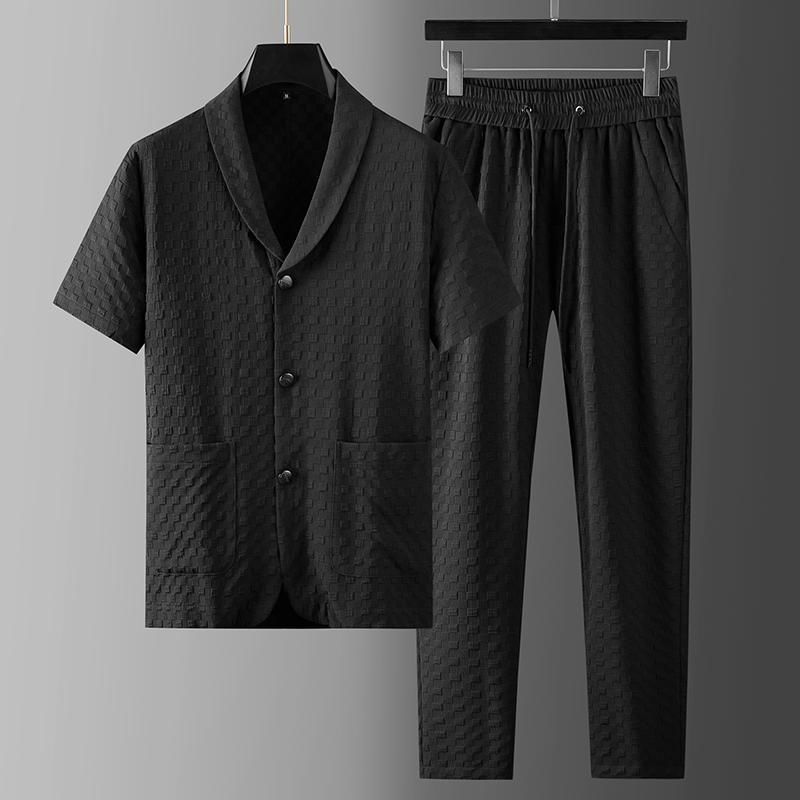 Nuovo completo sportivo casual estivo a maniche corte da uomo, con camicia e pantaloni, per uomini di mezza età e giovani, due pezzi, di alta qualità._voghion.com