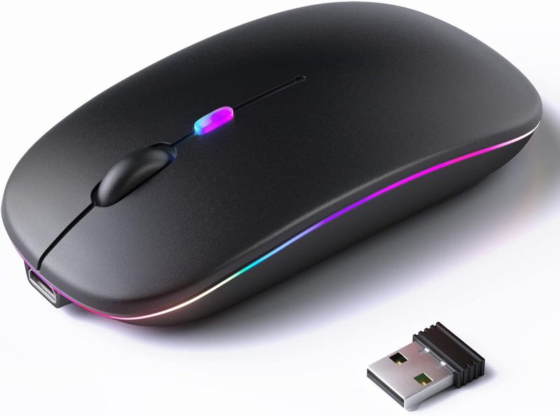 Bezprzewodowa mysz Bluetooth, cicha, akumulatorowa, ergonomiczna, do laptopa, tabletu, MacBooka, iPada, iPhone'a, trybu podwójnego, 1600 DPI, 4 przyciski, regulowane, podświetlane RGB_voghion.com