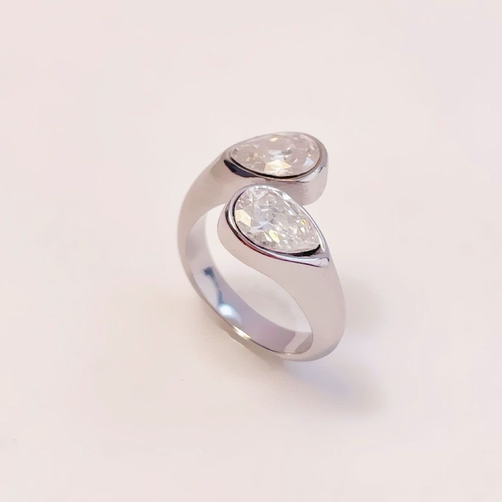 Gioielli da donna, elegante anello con doppia goccia di cristallo in acciaio inossidabile, design geometrico minimalista, ipoallergenico, durevole, non sbiadisce._voghion.com
