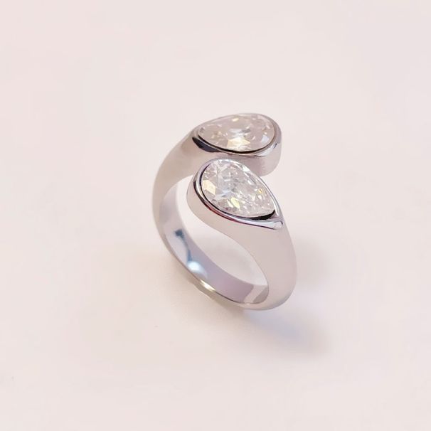 Gioielli da donna, elegante anello con doppia goccia di cristallo in acciaio inossidabile, design geometrico minimalista, ipoallergenico, durevole, non sbiadisce._voghion.com
