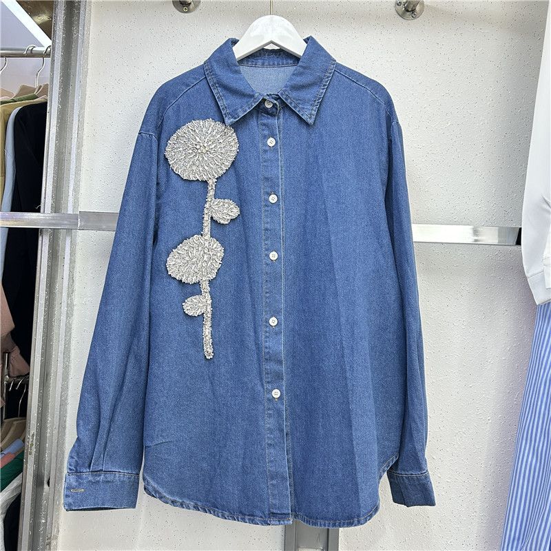 Jachetă din denim pentru femei, cu mânecă lungă, cu design floral și nasturi cu diamant, de lux, pentru industrie grea, ușoară, de lux_voghion.com