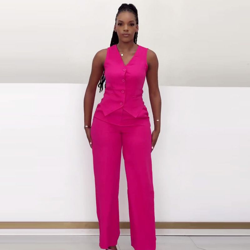 Damenbekleidung Neue Mode Ärmellose Weste Hose mit weitem Bein Zweiteiliger Anzug Weiblicher Temperamentanzug_voghion.com