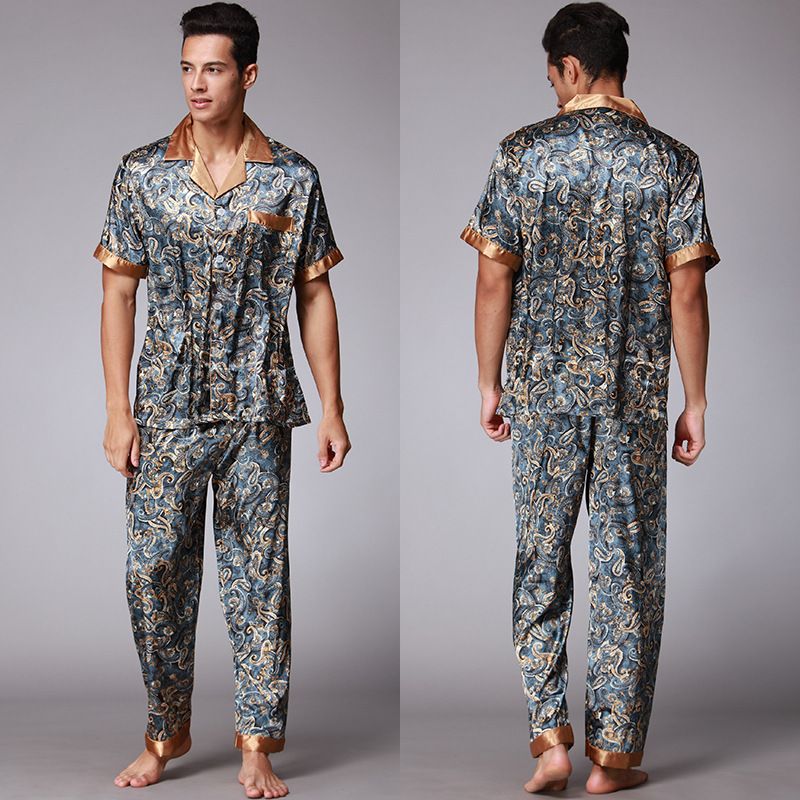 Is silke silke herrepyjamas forår og sommer todelt jakkesæt mellemærmede bukser loungewear_voghion.com