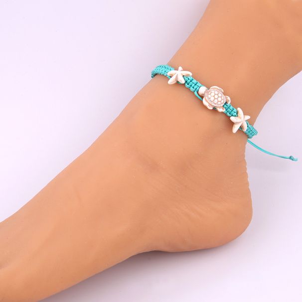 Simple Creative Geometric Ethnic Style Wax Thread Turquoise Starfish Turtle Handmade Woven Anklet_voghion.com