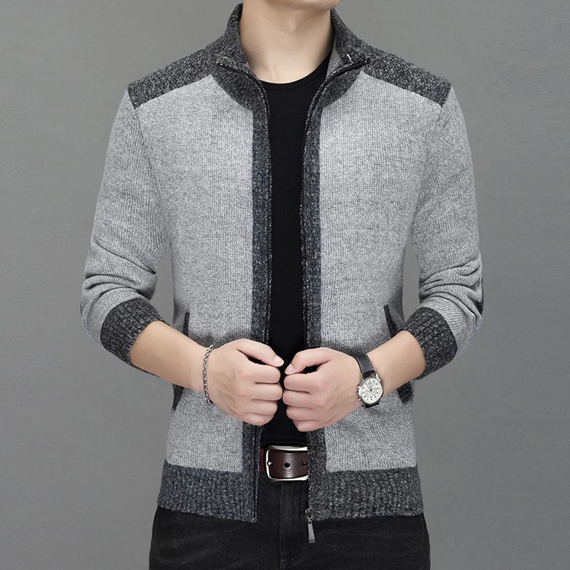 Cardigan d'hiver chaud en tricot doublé polaire pour homme, coupe décontractée, lavable en machine, idéal pour les tenues décontractées et professionnelles (bleu, gris, camel)_voghion.com