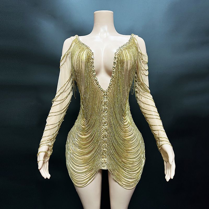 Female singer hosting silver elastic rhinestone diamond chain tassel slimming short skirt dress, performance dance_voghion.com
