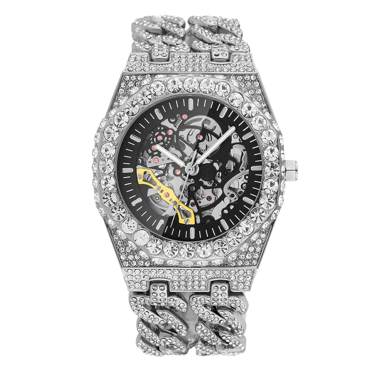 Ice Watch Full Diamond Hip Hop Cuban Chain Splicing Hollow Automatic Mechanical Watch Men's Watch_voghion.com