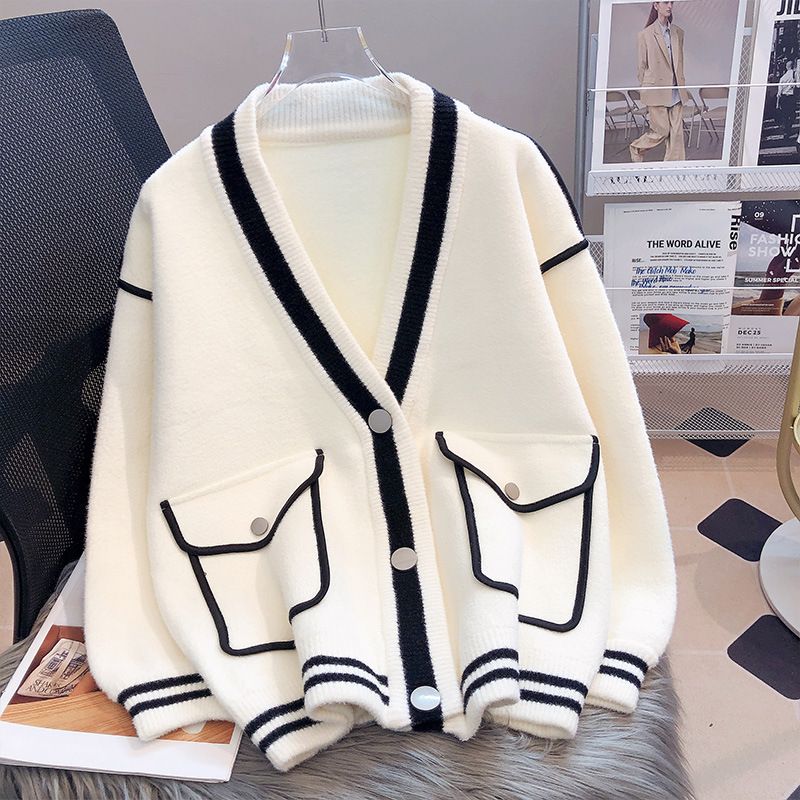 Damenbekleidung Doppelseitiger Woll-Cardigan-Mantel - Dicker Strickpullover mit offener Vorderseite, V-Ausschnitt und Taschen, Elegante und lockere Passform, Schwarz und Weiß_voghion.com