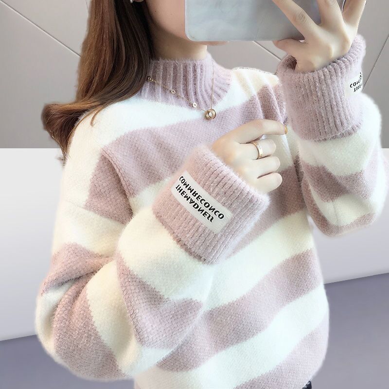 Pull ample sans laine, style paresseux, nouvel article, pull en tricot à rayures épaisses pour femmes, jeunesse d'automne et d'hiver_voghion.com