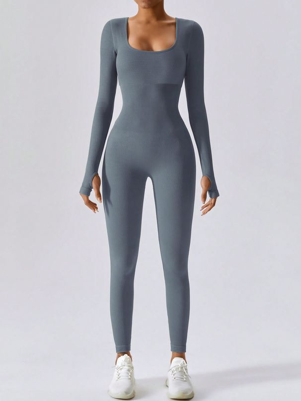 Dropshipping transfronterizo Otoño Invierno Clásico Una Pieza Manga Larga Pantalones Largos Mujer Acanalados Ajustados Altos Elásticos Fitness_voghion.com