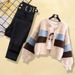 Autumn Women's Two-Piece Outfit - Color Block Knit Cardigan & High Waist Jeans, Tea-Inspired Casual Set (M-4XL)_voghion.com