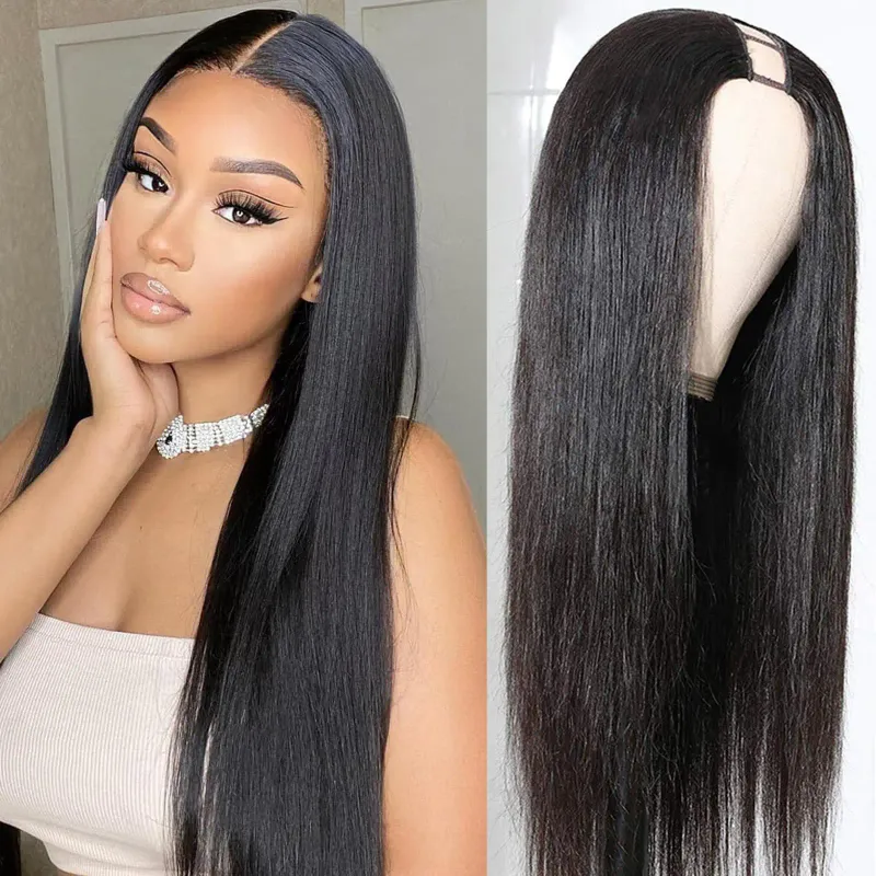 V Part Straight Wig Full Machine Made Human Hair 100% Human Hair Wigs 180% Density 18-32 Inch Brazilian Virgin Hair_voghion.com