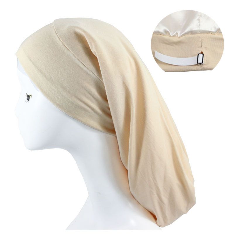 Large size women's long tail sleeping cap double layer satin pullover hat elastic elastic adjustable hat hot selling_voghion.com