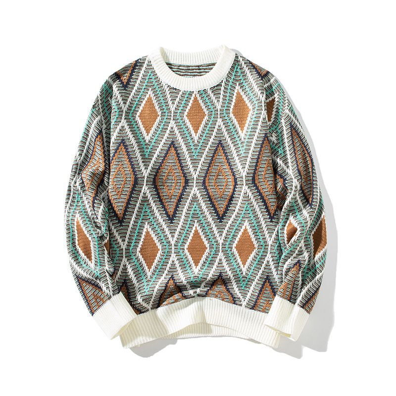 Herrtröja Höst- och vintertröja Ny stil Amerikansk diamantrutnät Jacquard Lös Casual Rund Hals Tröja Kontrasterande_voghion.com