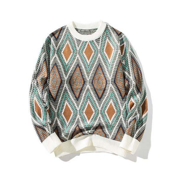 Herrtröja Höst- och vintertröja Ny stil Amerikansk diamantrutnät Jacquard Lös Casual Rund Hals Tröja Kontrasterande_voghion.com