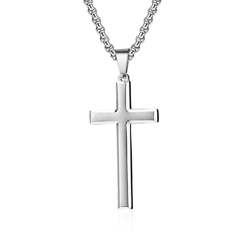 Collana con ciondolo a croce in acciaio inossidabile smussato semplice da uomo, stile neutro, personalità di nicchia_voghion.com