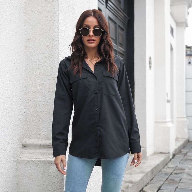 Damen-Langarmshirt mit Baumwoll-Doppeltaschen, lockeres Hemd_voghion.com
