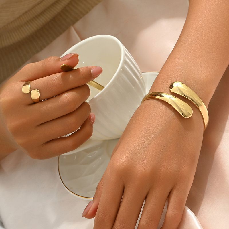 Minimalist Geometric Set - Smooth Bracelet & Ring, Adjustable Arc-Designed Bangle, Versatile Women's Jewelry_voghion.com