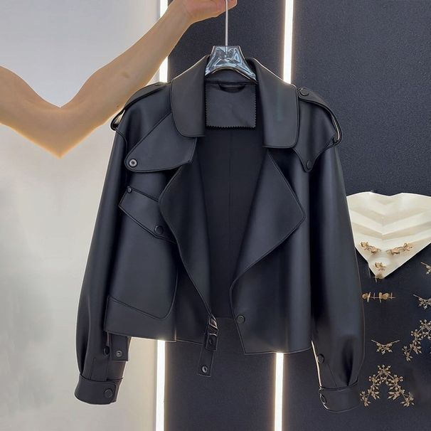 Damenbekleidung Herbst und Winter Hübsche Lose Retro Schwarze Lederjacke Weibliche Petite Jacke Retro_voghion.com