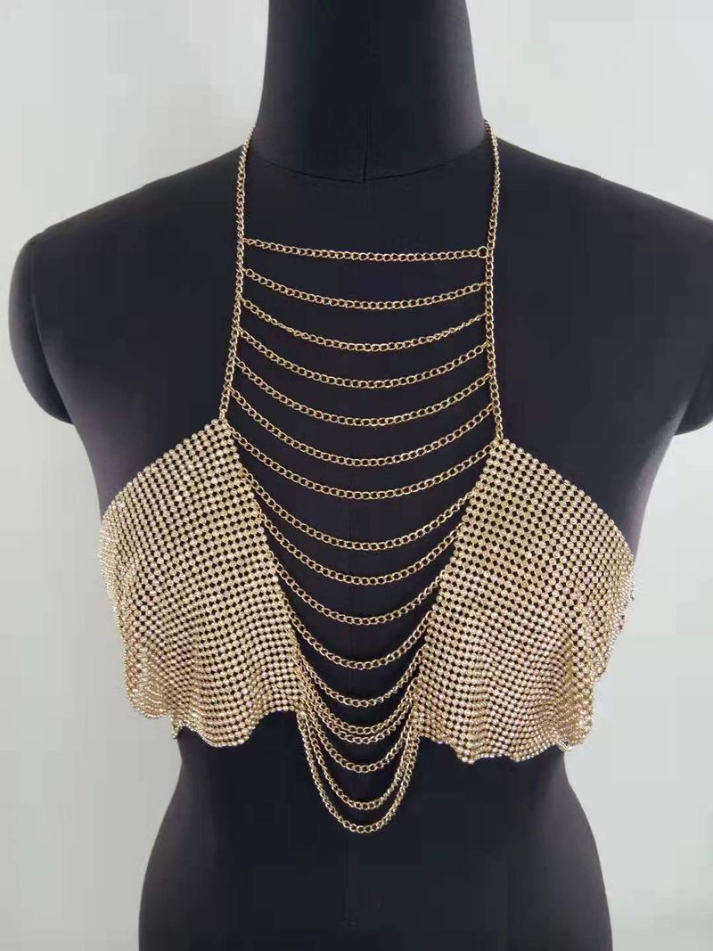 Rhinestone inlaid cloth tassel chain meets halter top body chain_voghion.com