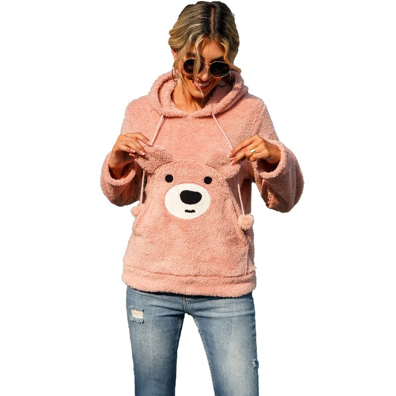 Felpa con motivo orso in velluto double face sciolto e casual da donna autunno e inverno con cappuccio a maniche lunghe, casual e carino_voghion.com