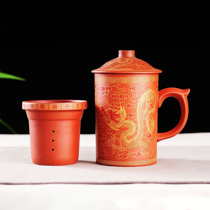 Chinese Tea Mug with Infuser and Lid 10Oz Chinese Yixing Purple Clay Dragon Tea Infuser Mug with Lid  Mug Retain Heat Very Well_voghion.com