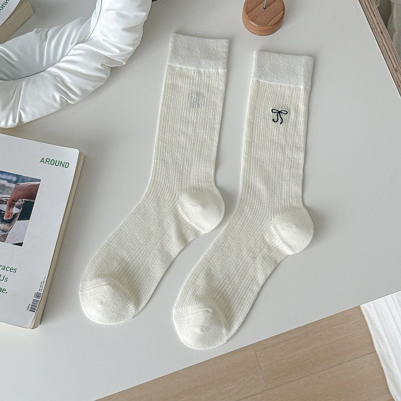 Bowknot Cotton Pile Socks For Women Summer Thin Ballet Style Hollow Embroidery Boneless Long Tube Versatile Jk Socks_voghion.com