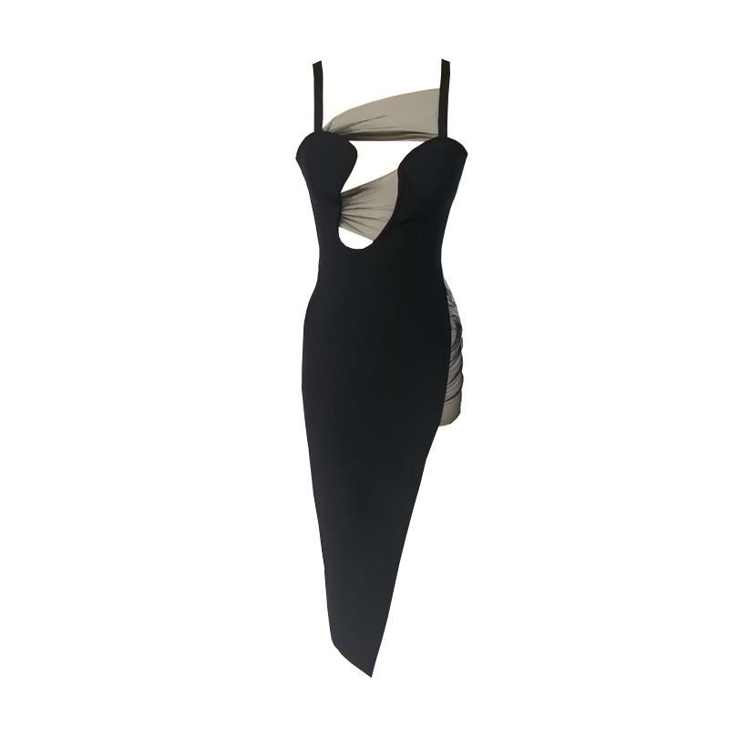 Damenbekleidung weibliche sexy Hosenträger hohl unregelmäßige Perspektive Mesh schwarz mit Brustpolster Nachtclub Kleid einteilig_voghion.com