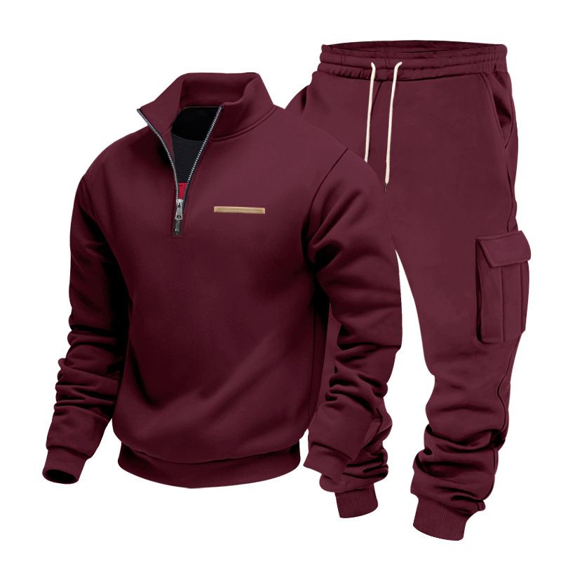 Completo da uomo con felpa con mezza zip e pantaloni cargo foderati in pile – Completo da lavoro comodo, in poliestere elasticizzato (S-XXXL, 8 colori)_voghion.com