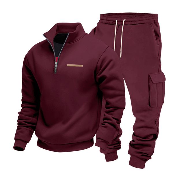 Completo da uomo con felpa con mezza zip e pantaloni cargo foderati in pile – Completo da lavoro comodo, in poliestere elasticizzato (S-XXXL, 8 colori)_voghion.com