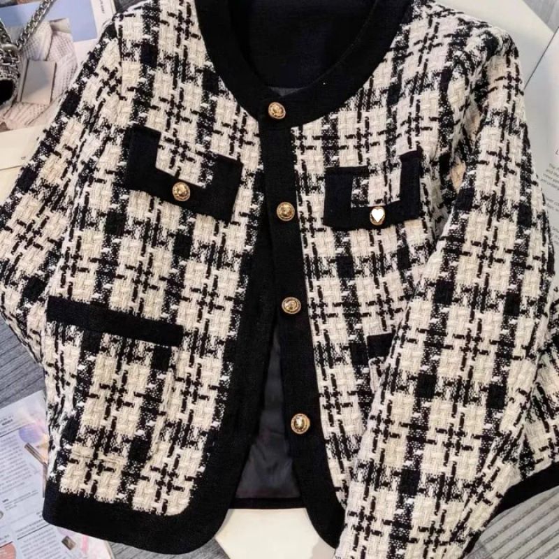 Women's Clothing Xiang style small jacket 2024 autumn and winter new style temperament lady petite houndstooth short top_voghion.com