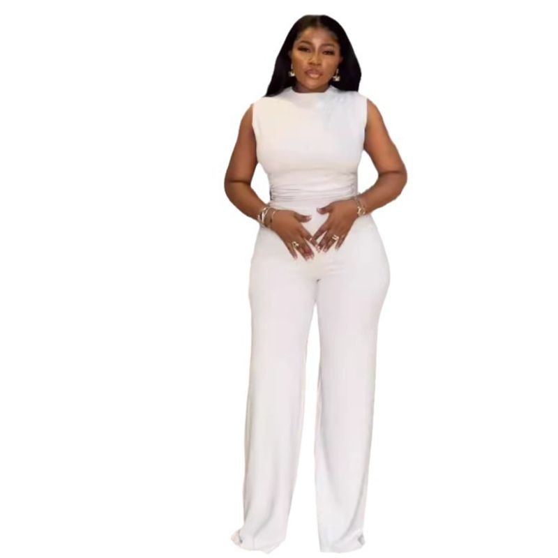 Dametøj Sexet ensfarvet ærmeløs plisseret jumpsuit med brede ben_voghion.com