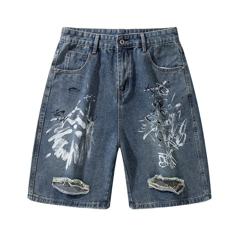 [StreetCanvas] Unisex Distressed Shorts - Graffiti & Hole Details | Wide Leg Denim_voghion.com
