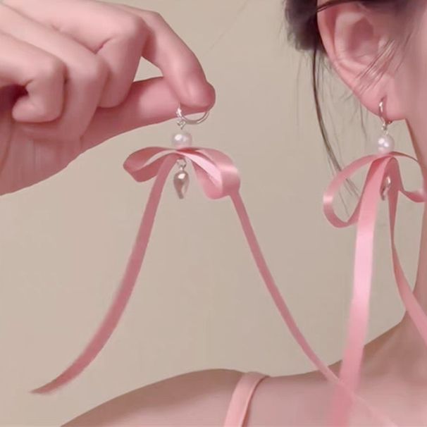 Orecchini pendenti a forma di cuore con fiocco rosa e fiocco in perle, unisex, per ragazze, con fibbie per le orecchie, dolci e delicati._voghion.com