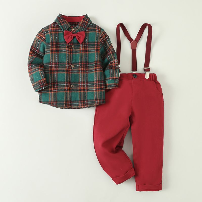 New Boys' Fashionable Checkered Suit with Bow Collar Strap Pants Set, Two Piece Set for Small and Medium sized Children_voghion.com