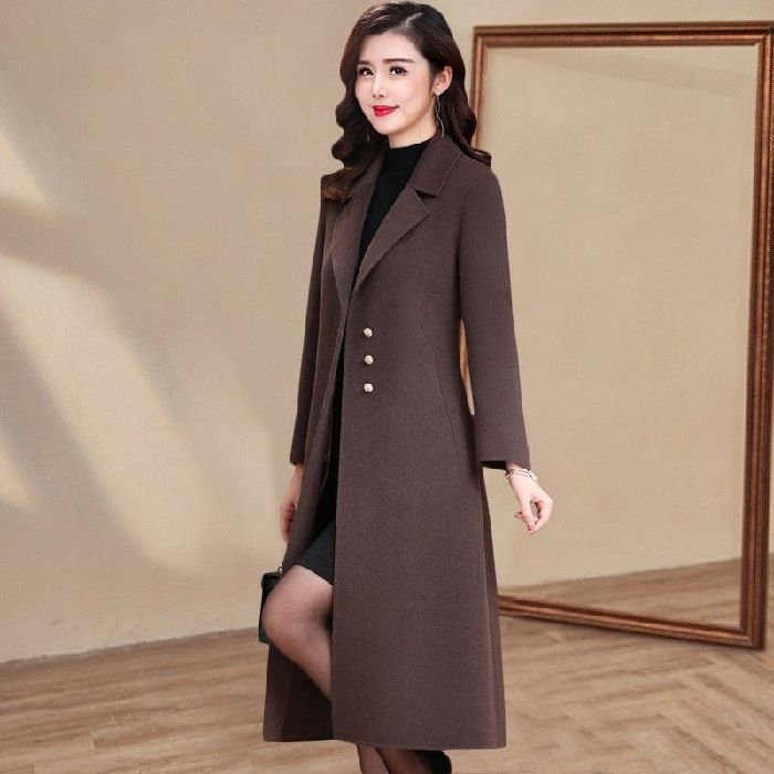 Knielanger Trenchcoat aus Wollmischung mit Gürtel für Damen – Eleganter, lässiger Büromantel in Unifarben (Khaki, Burgunderrot, Kaffeebraun, Karamell)​_voghion.com