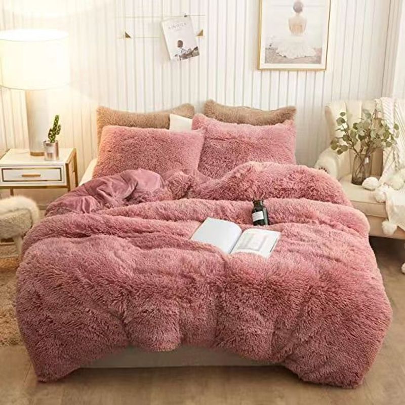 Parure de lit 3 pièces luxueuse avec housse de couette moelleuse et douillette, à poils longs et moelleux, avec fermeture éclair (couette non incluse)._voghion.com