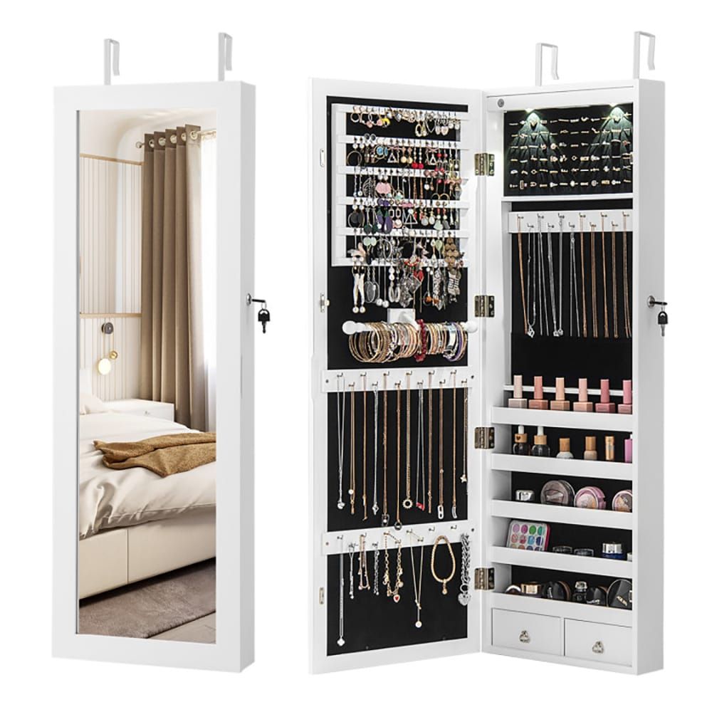 Lockable Wall Mount Mirrored Jewelry Cabinet With LED Lights_voghion.com