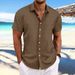 Men's Clothing Cotton And Linen Striped Jacquard Casual Loose Short Sleeved Shirt_voghion.com