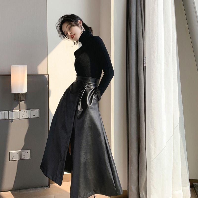 Verve Black Midi 2025 Autumn Winter Split High Waist Slimming Hip Cover Leather Large Swing A-line Skirt_voghion.com