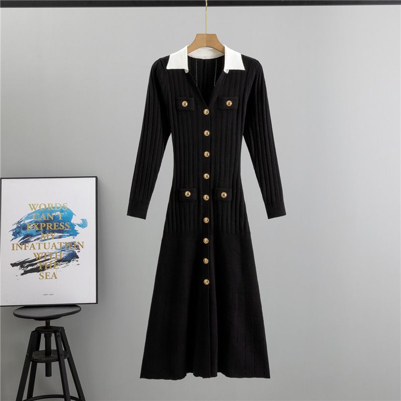 Vêtements pour femmes, style doux, design unique, robe tricotée à col en V, fil filé à noyau, jupe mi-longue slim A line tendance_voghion.com
