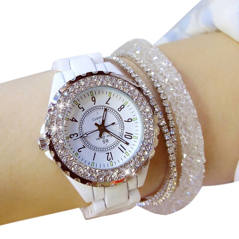 Yamaler Stylish Rhinestones Ceramics Band Women Round Analog Quartz Wrist Watch Gift_voghion.com