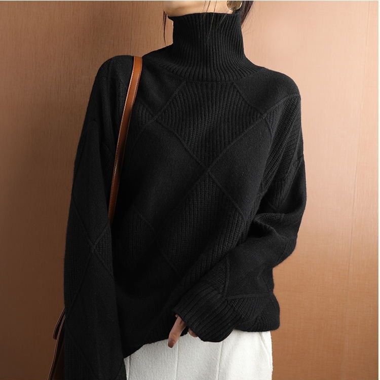 K New Casual Versatile Knitted Sweater Loose High Neck Warm Sweater Solid Color Knitted Pullover Top For Women_voghion.com