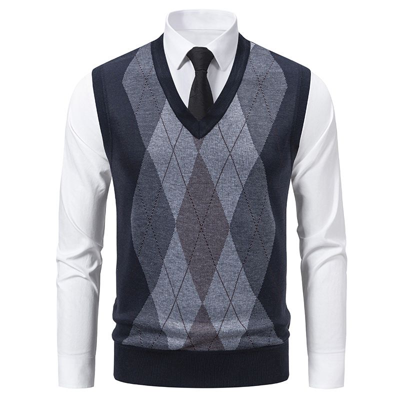 Herrenbekleidung, V-Ausschnitt, Jacquard, Slim Fit, V-Ausschnitt, Jacquard-Strickpullover für Herren – leichtes, ärmelloses Pullover-Oberteil (Grau, Marineblau, Weinrot)​_voghion.com