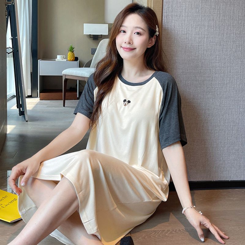 Sleeping skirt summer Modal new style, long outer wear for pregnant women, 2024 loose plus size pajamas, dark gray_voghion.com