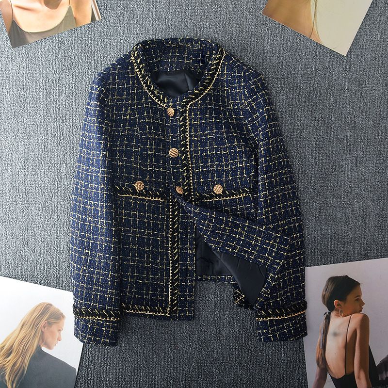 Dameskleding Nieuwe herfst- en winterjas in grote maten voor dikke vrouwen, blauwe geruite top van hoogwaardig tweed_voghion.com