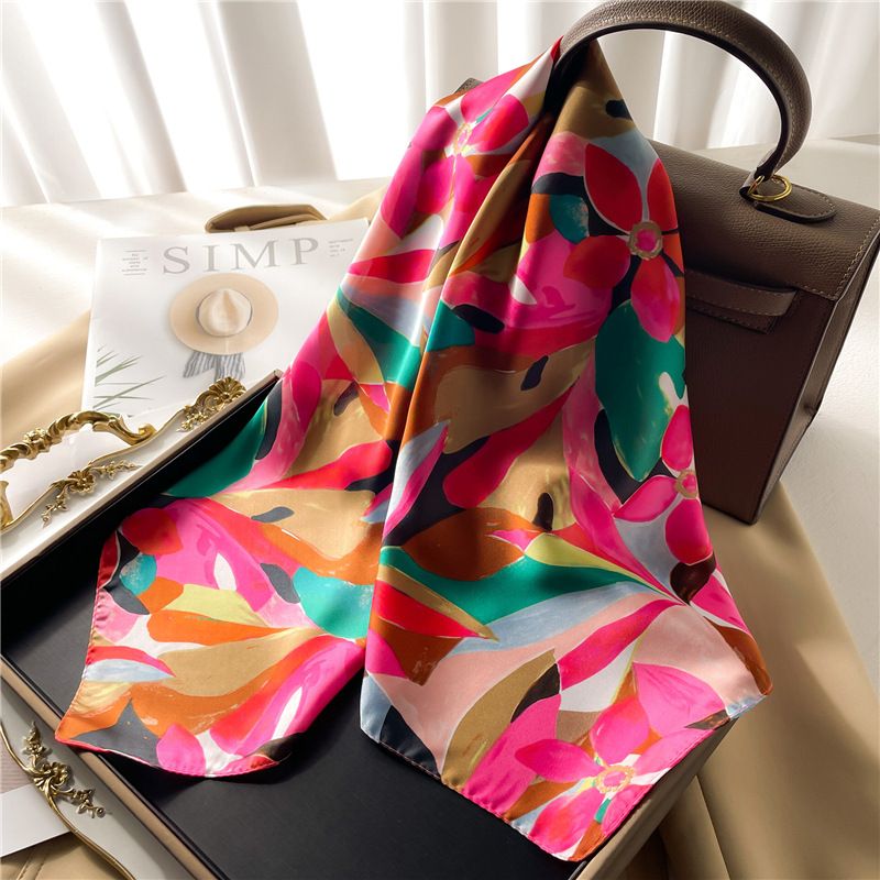 Colorful graffiti silk scarf flowers leaves square scarf women's scarf spring and summer new scarf travel sun protection shawl_voghion.com
