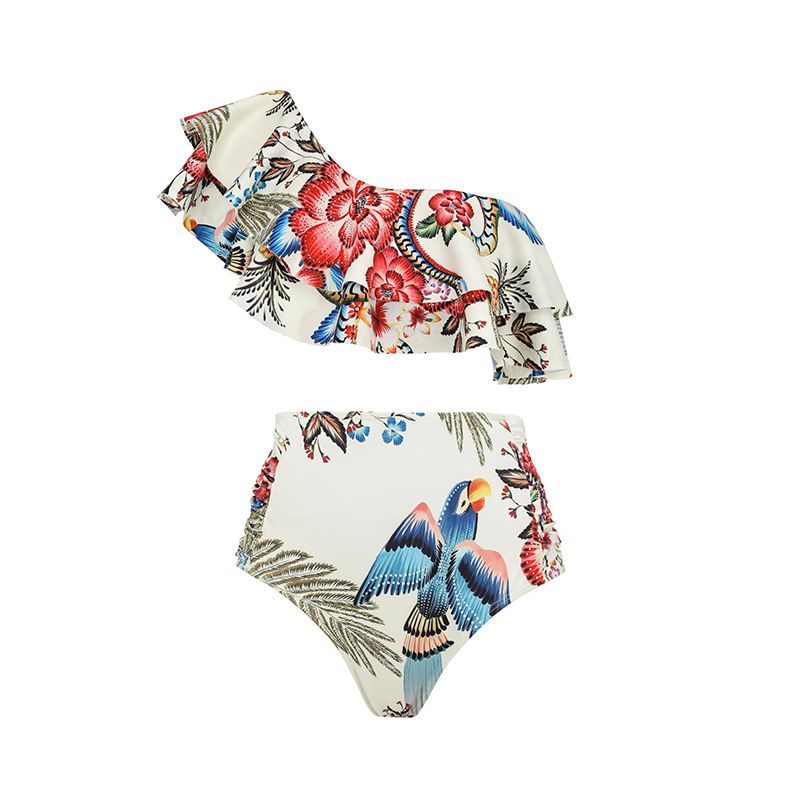 Maillot de bain une pièce et jupe portefeuille, imprimé toucan, à volants en V profond, pour femmes_voghion.com
