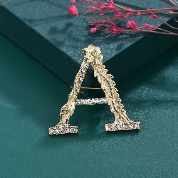 Lehký luxusní temperamentní módní brož s písmenem A, designem listu, květiny, diamantu, proti vystavení oděvním doplňkům, pin_voghion.com